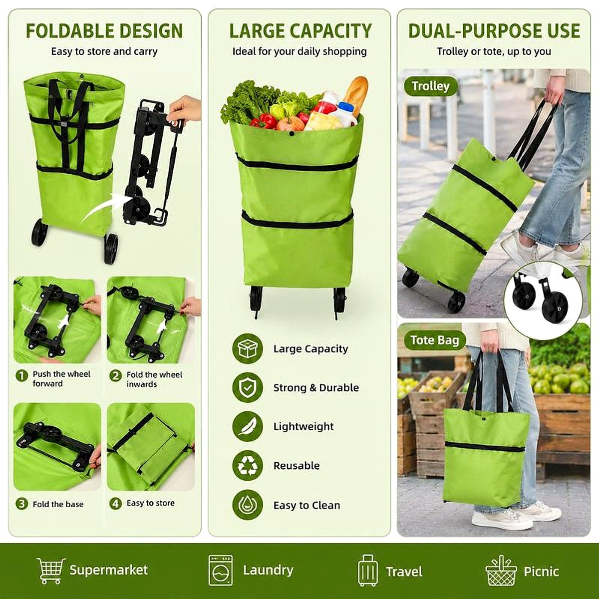 StowFold Foldable Shopping Trolley Bag — features